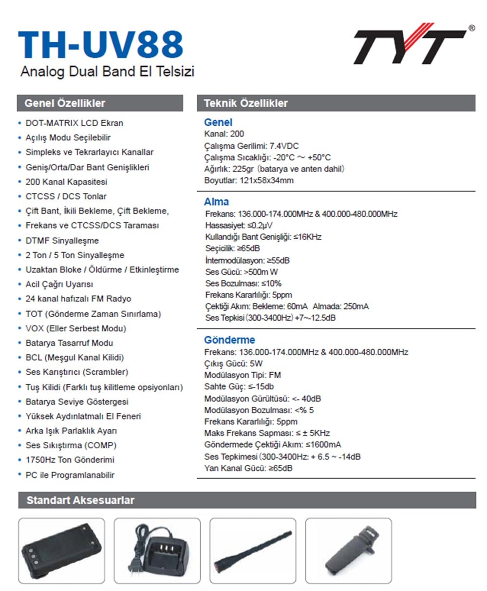 TYT TH-UV88 Dual Band VHF+UHF El Telsizi (İzne tabidir)