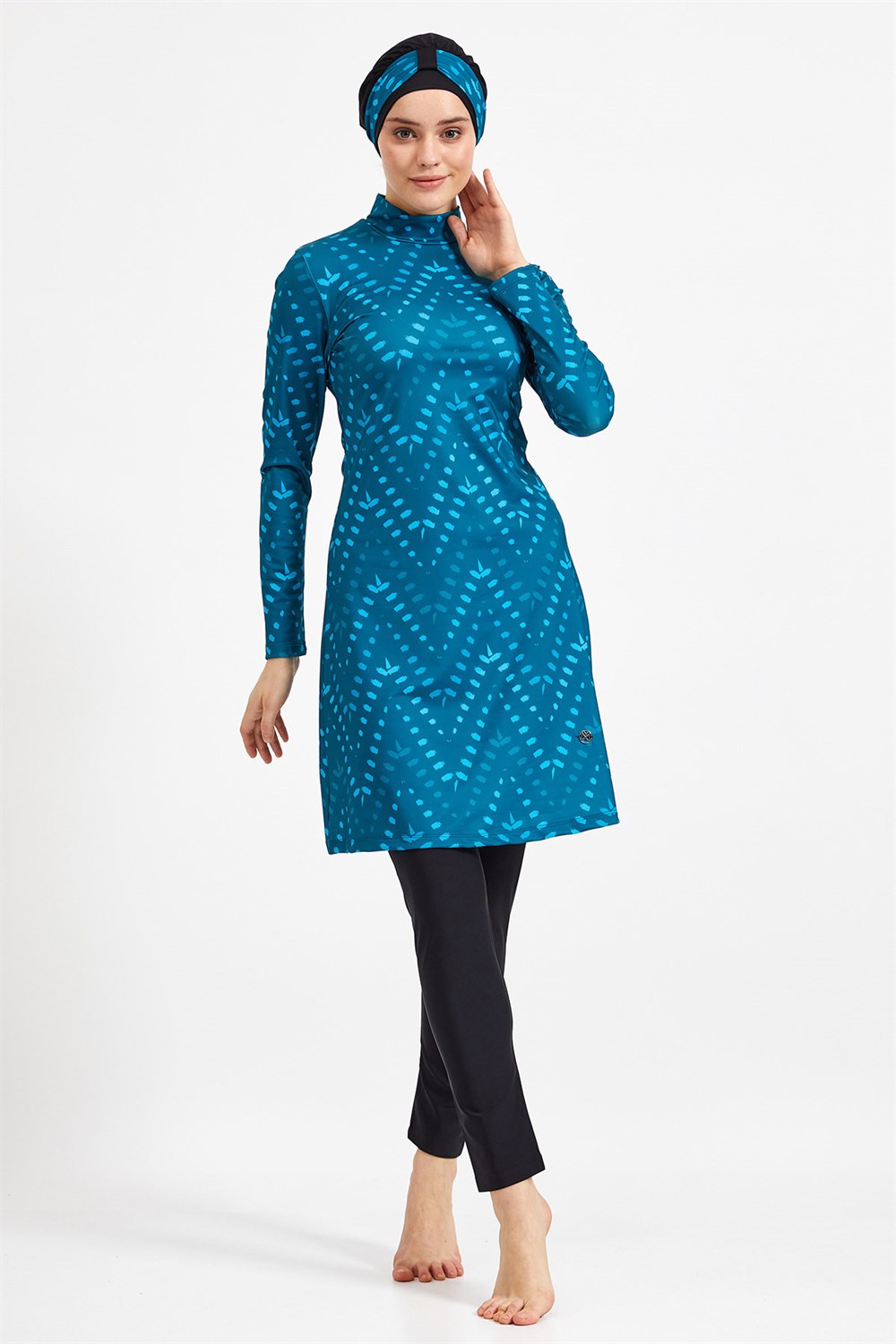  Likralı Tam Kapalı Mayo Tesettür Mayo Remsa Mayo 0500 Mavi Siyah