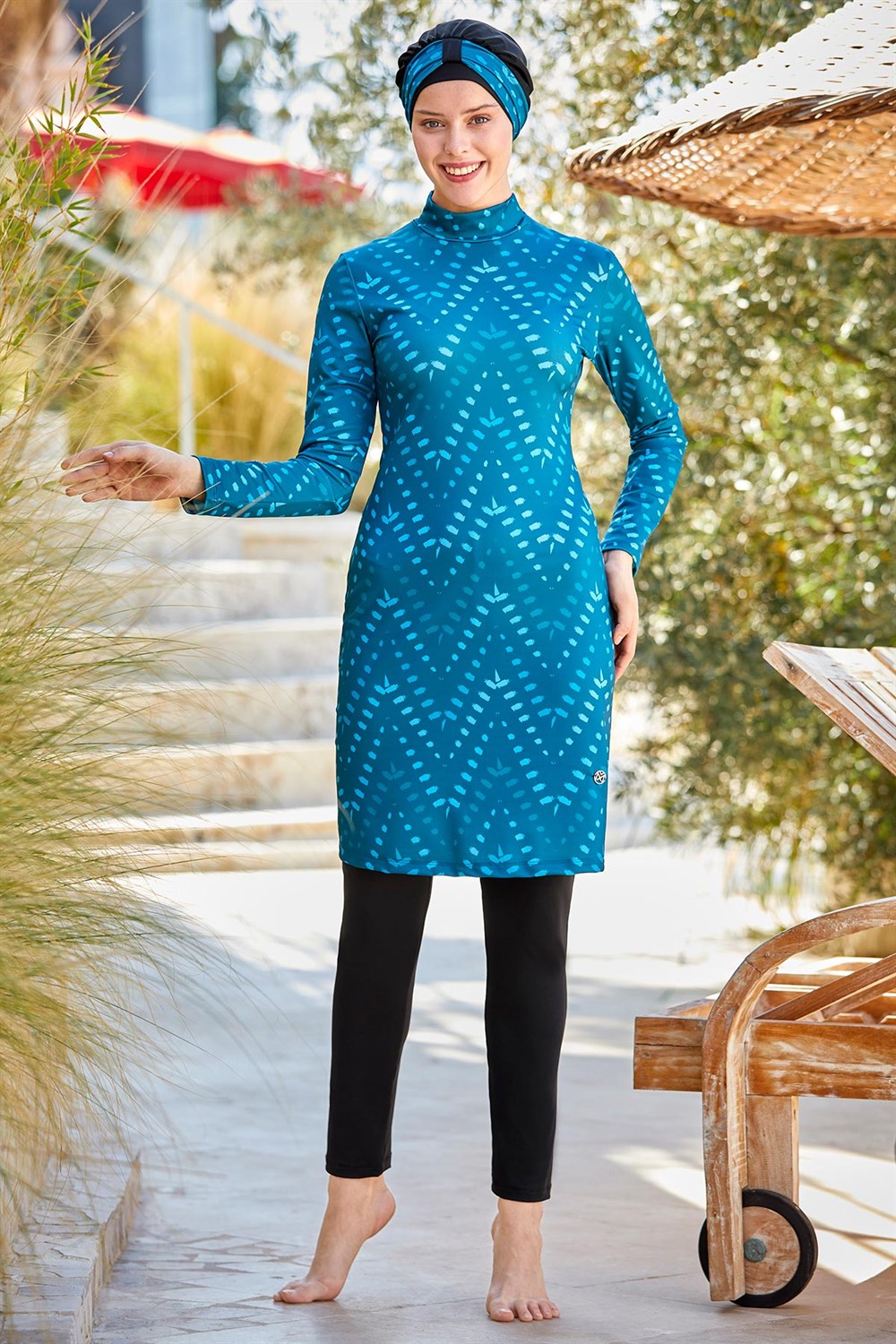  Likralı Tam Kapalı Mayo Tesettür Mayo Remsa Mayo 0500 Mavi Siyah