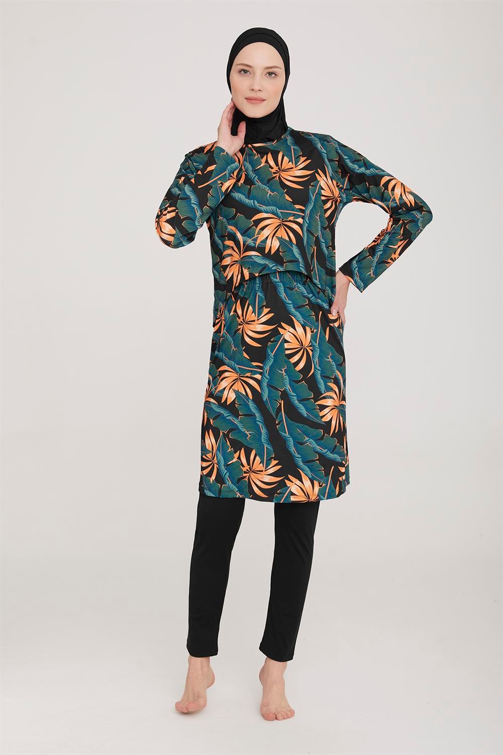 2 Farklı Şekilde Giyilebilir Tesettür Mayo Elenora 1 8008 Siyah Remsa Mayo