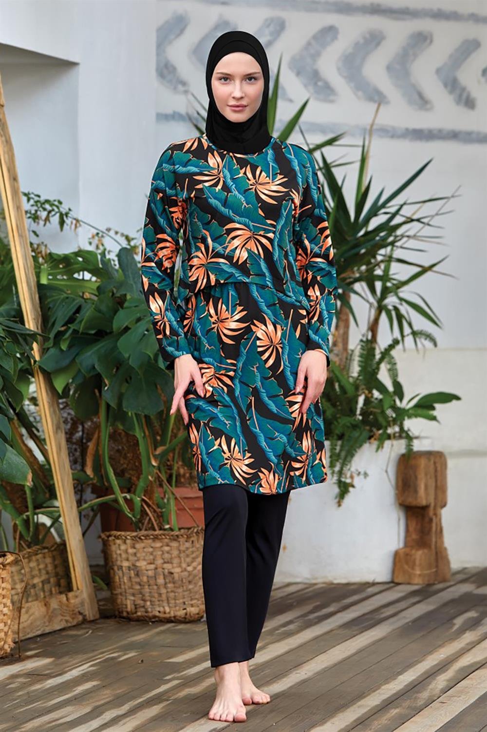 2 Farklı Şekilde Giyilebilir Tesettür Mayo Elenora 1 8008 Siyah Remsa Mayo