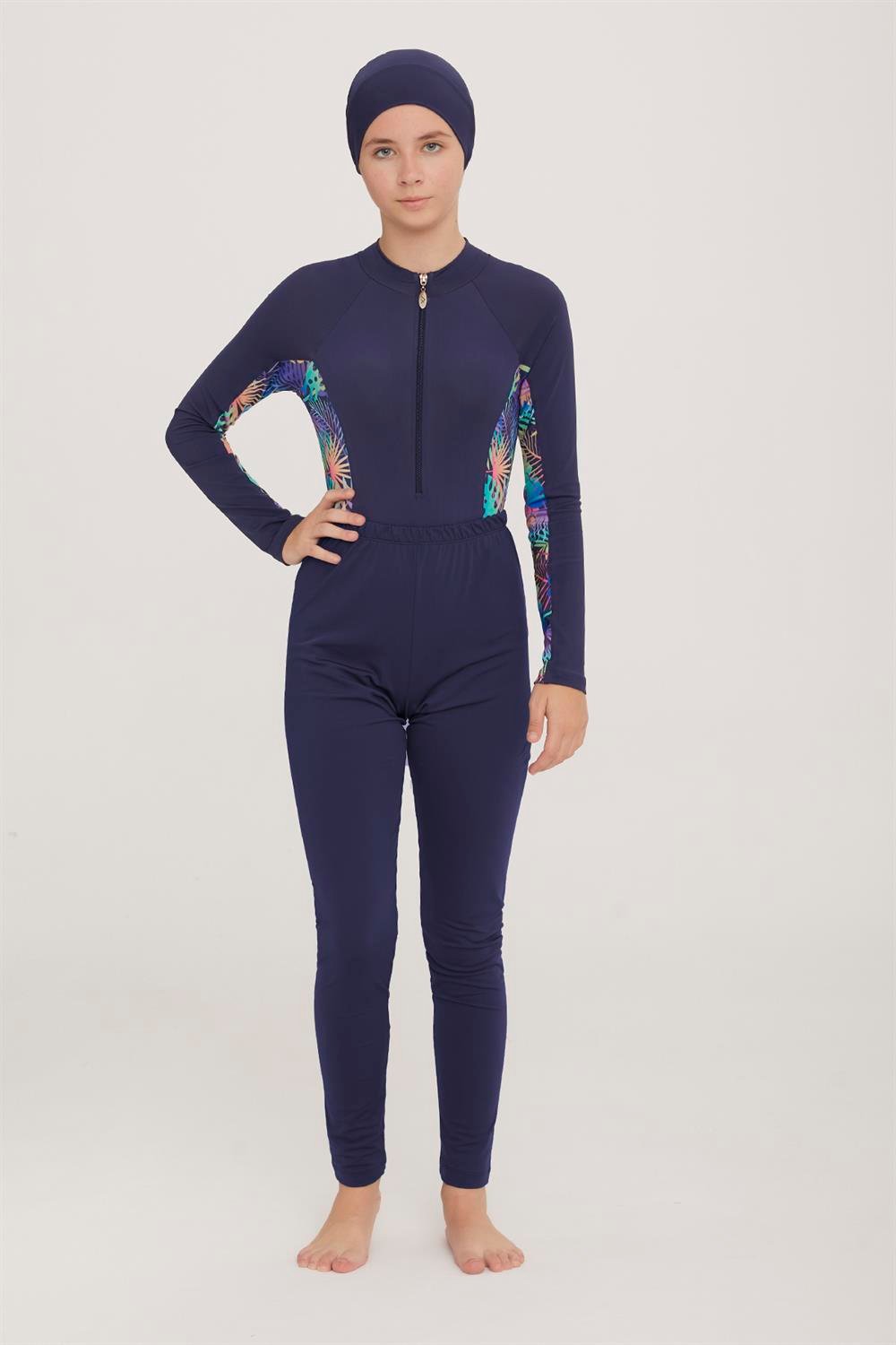 3 Farklı Şekilde Giyilebilir Genç Tam Kapalı Likralı Tesettür Mayo Novas 5904 Koyu Lacivert Remsa Mayo