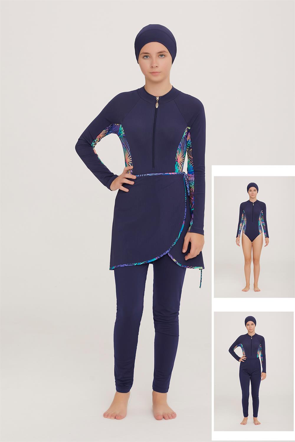 3 Farklı Şekilde Giyilebilir Genç Tam Kapalı Likralı Tesettür Mayo Novas 5904 Koyu Lacivert Remsa Mayo