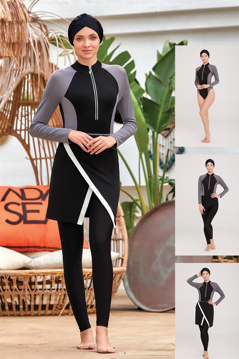 3 Farklı Şekilde Giyilebilir Likralı Tesettür Mayo Layana 4457 Siyah Remsa Mayo