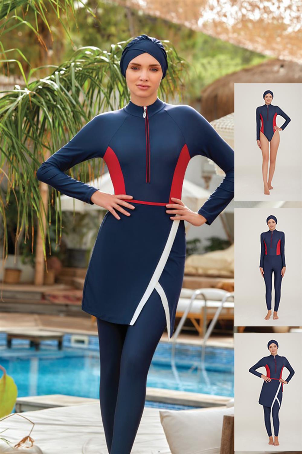 3 Farklı Şekilde Giyilebilir Likralı Tesettür Mayo Layana 4457 Koyu Lacivert Remsa Mayo