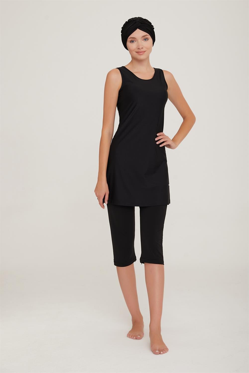 3 Farklı Şekilde Giyilebilir Likralı Tesettür Mayo Elvıra 4453 Siyah Remsa Mayo