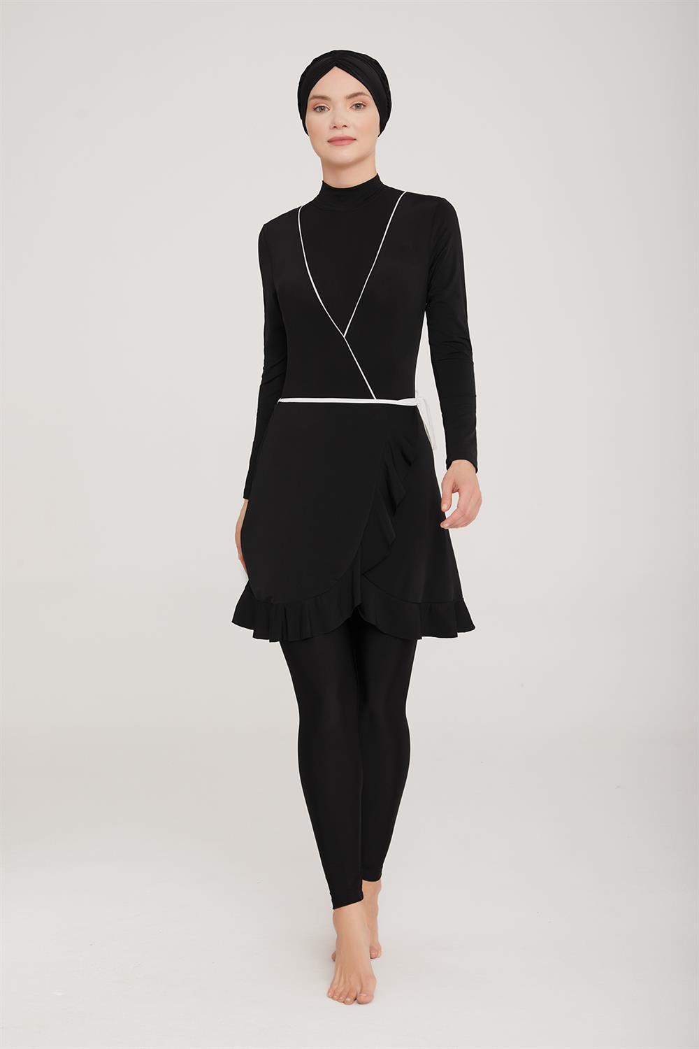 3 Farklı Şekilde Giyilebilir Likralı Tesettür Mayo Kandela 4458 Siyah Remsa Mayo