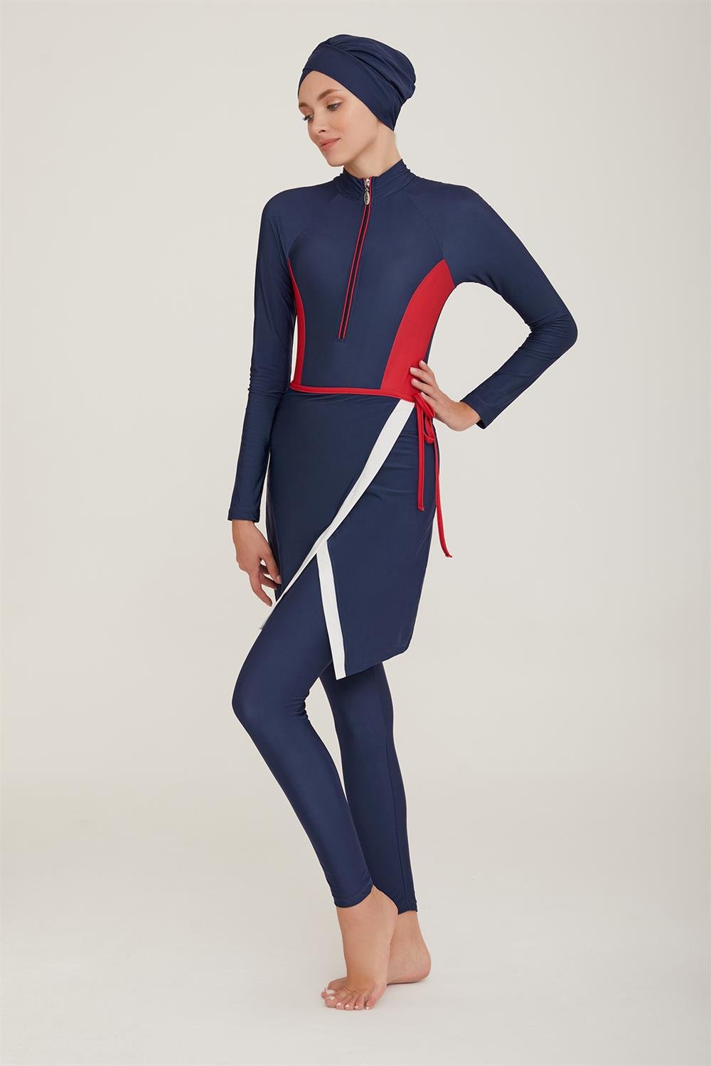 3 Farklı Şekilde Giyilebilir Likralı Tesettür Mayo Layana 4457 Koyu Lacivert Remsa Mayo