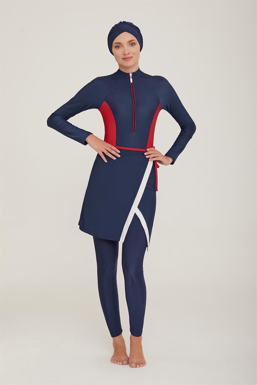 3 Farklı Şekilde Giyilebilir Likralı Tesettür Mayo Layana 4457 Koyu Lacivert Remsa Mayo