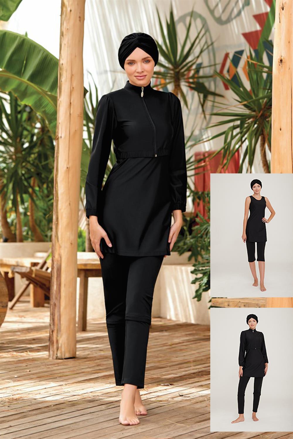 3 Farklı Şekilde Giyilebilir Likralı Tesettür Mayo Elvıra 4453 Siyah Remsa Mayo