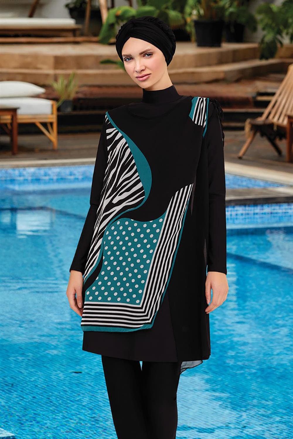 3'lü Pareolu Likralı Tam Kapalı Tesettür Mayo Sanda 5 4365 Siyah Remsa Mayo