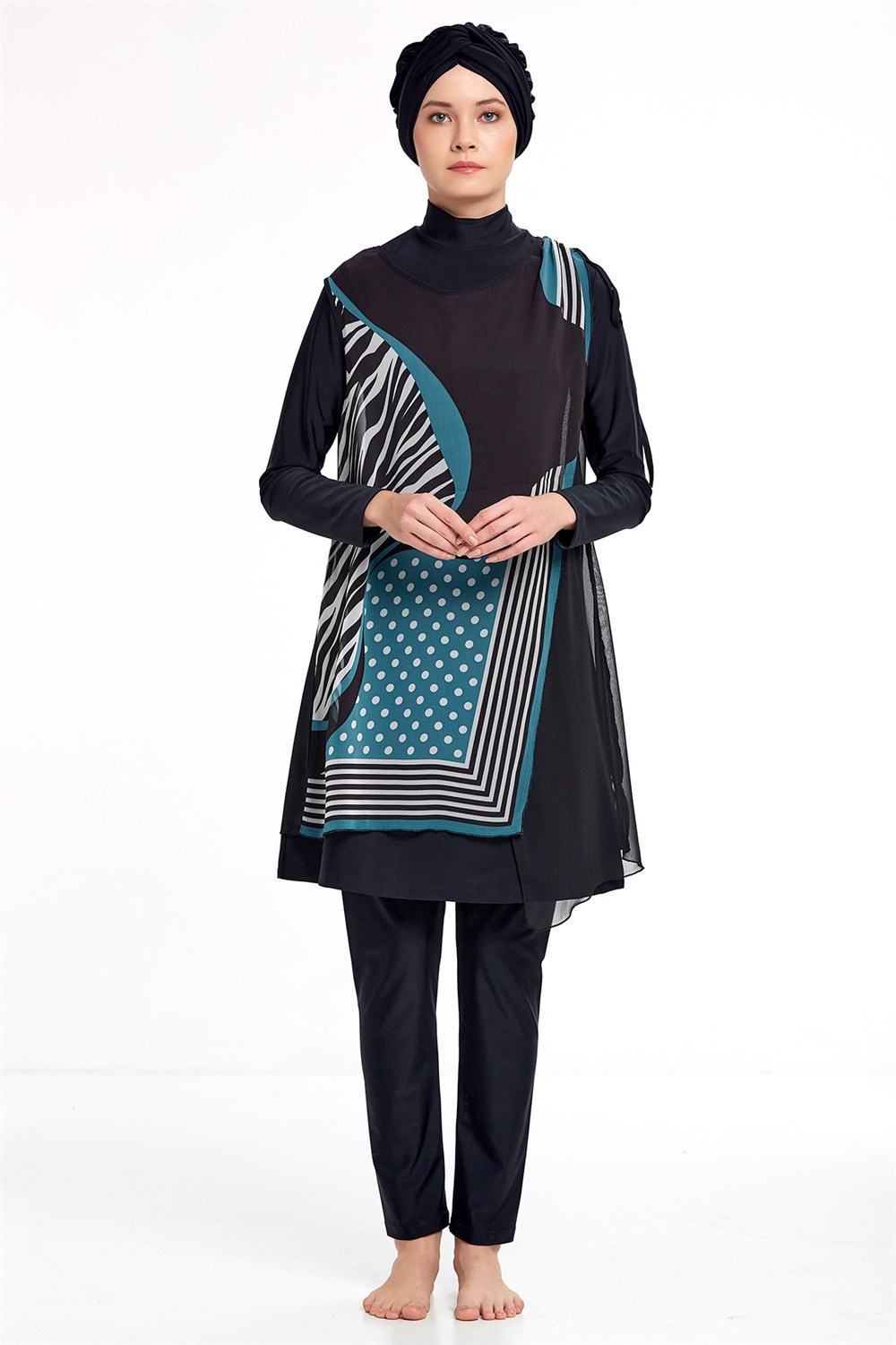 3'lü Pareolu Likralı Tam Kapalı Tesettür Mayo Adasea 4365 Siyah