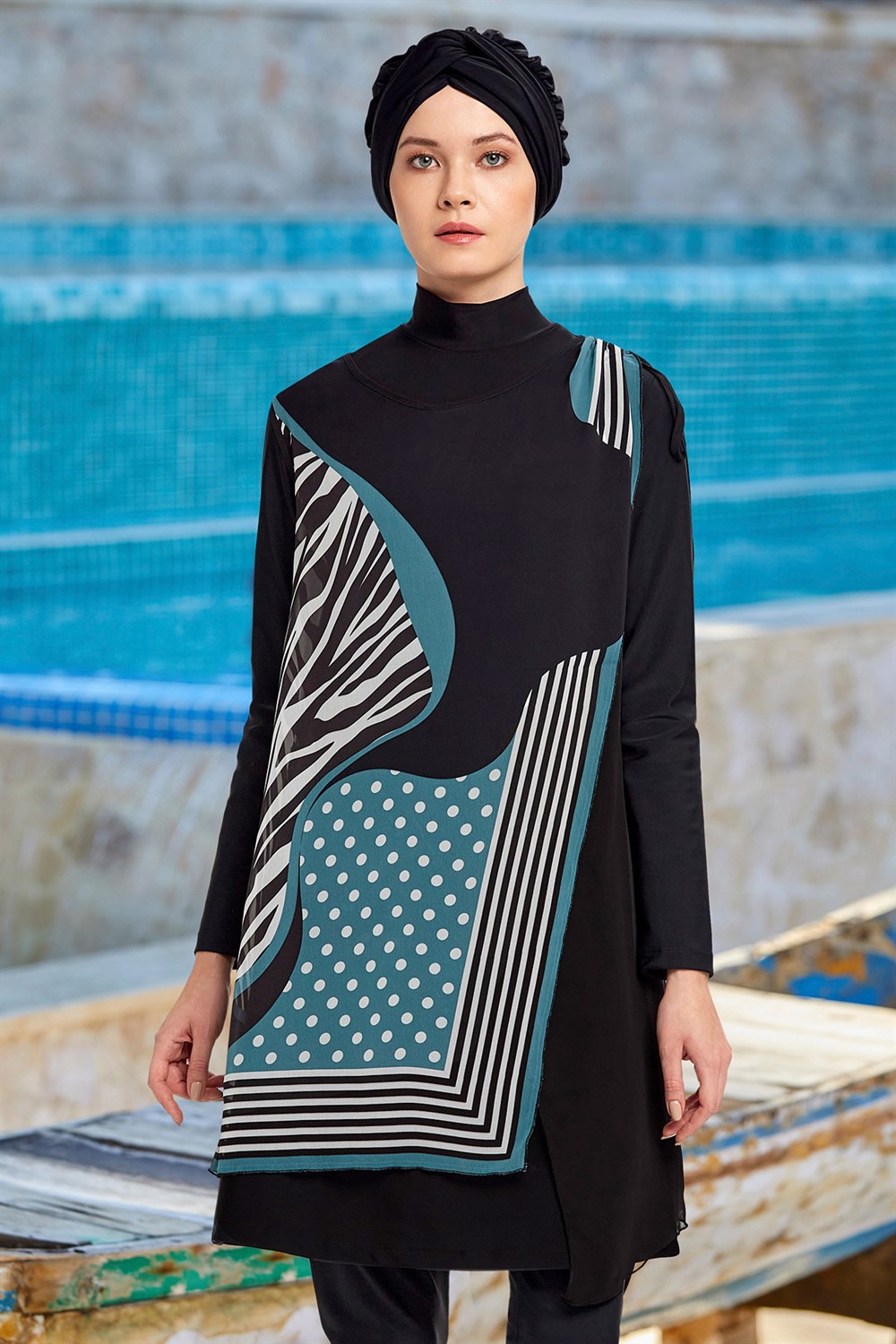 3'lü Pareolu Likralı Tam Kapalı Tesettür Mayo Adasea 4365 Siyah