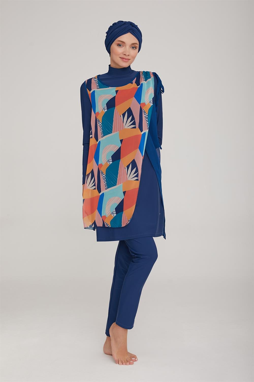 3'lü Pareolu Likralı Tam Kapalı Tesettür Mayo Sanda 2 4360 Açık Lacivert Remsa Mayo