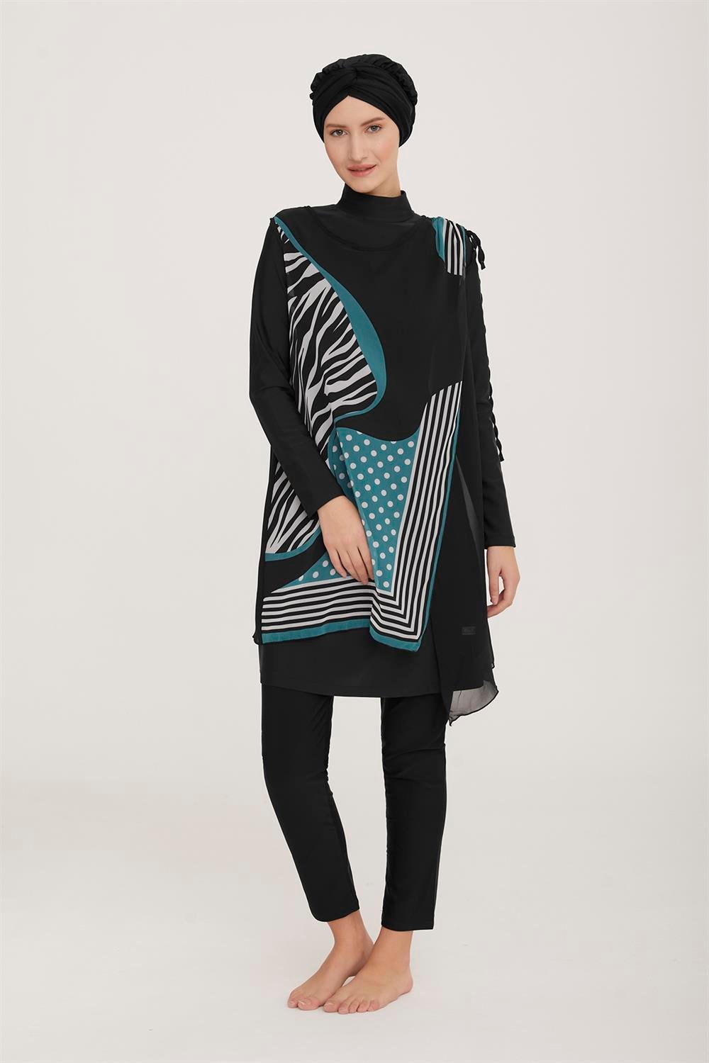 3'lü Pareolu Likralı Tam Kapalı Tesettür Mayo Sanda 5 4365 Siyah Remsa Mayo