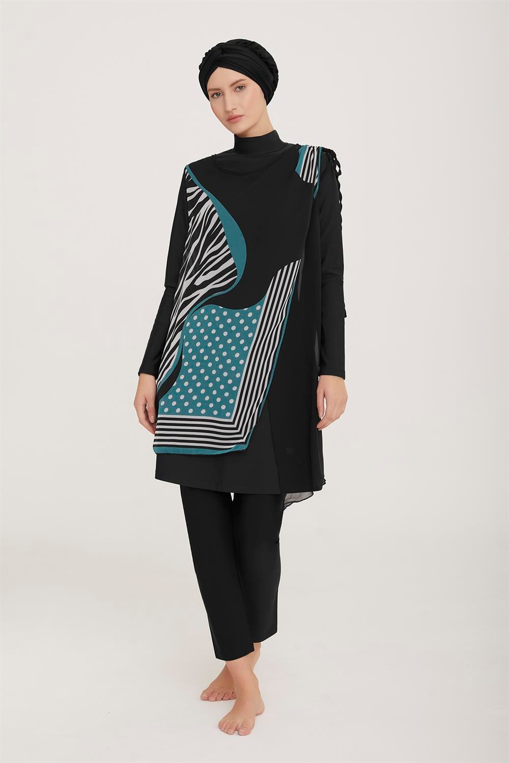 3'lü Pareolu Likralı Tam Kapalı Tesettür Mayo Sanda 5 4365 Siyah Remsa Mayo