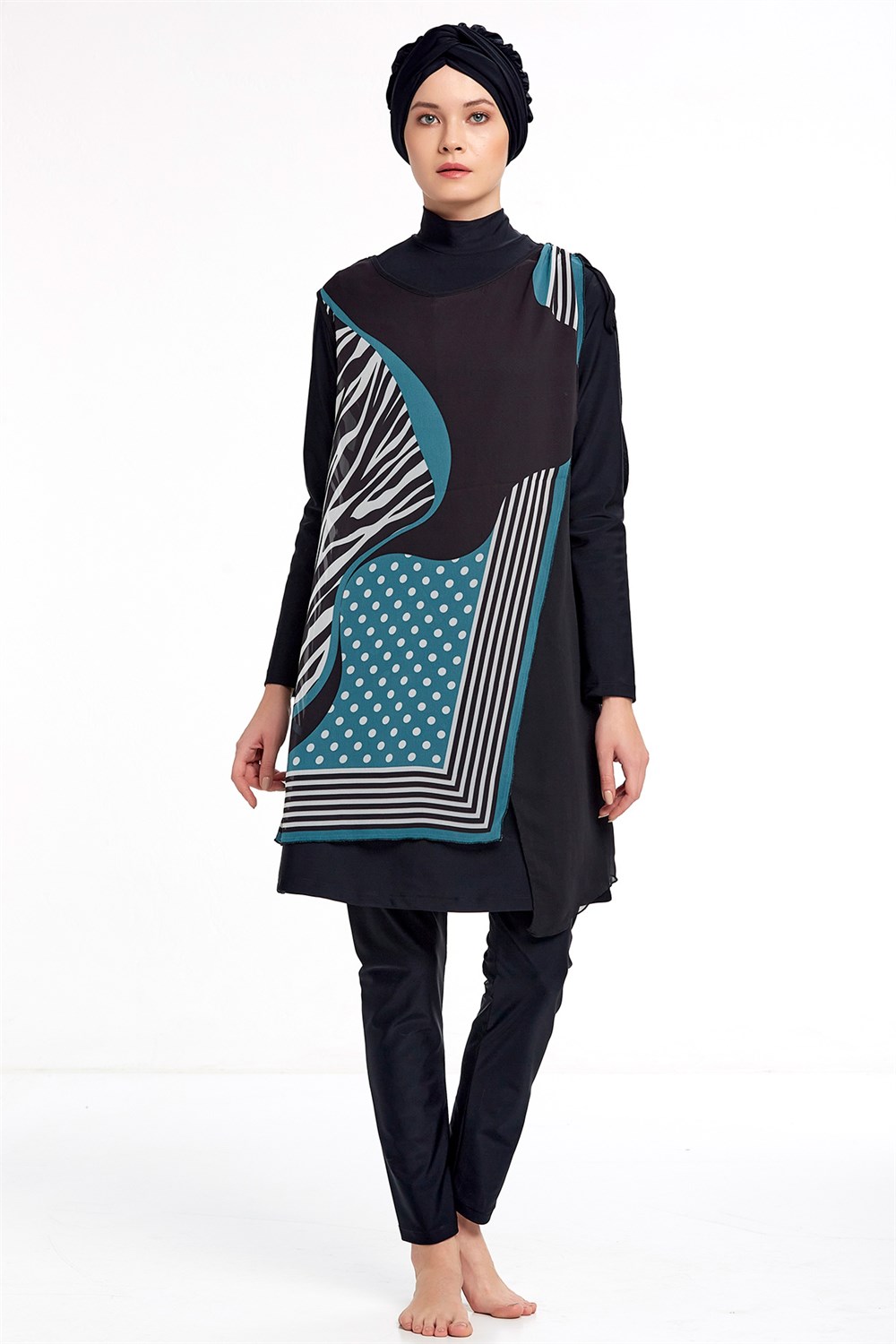 3'lü Pareolu Likralı Tam Kapalı Tesettür Mayo Adasea 4365 Siyah