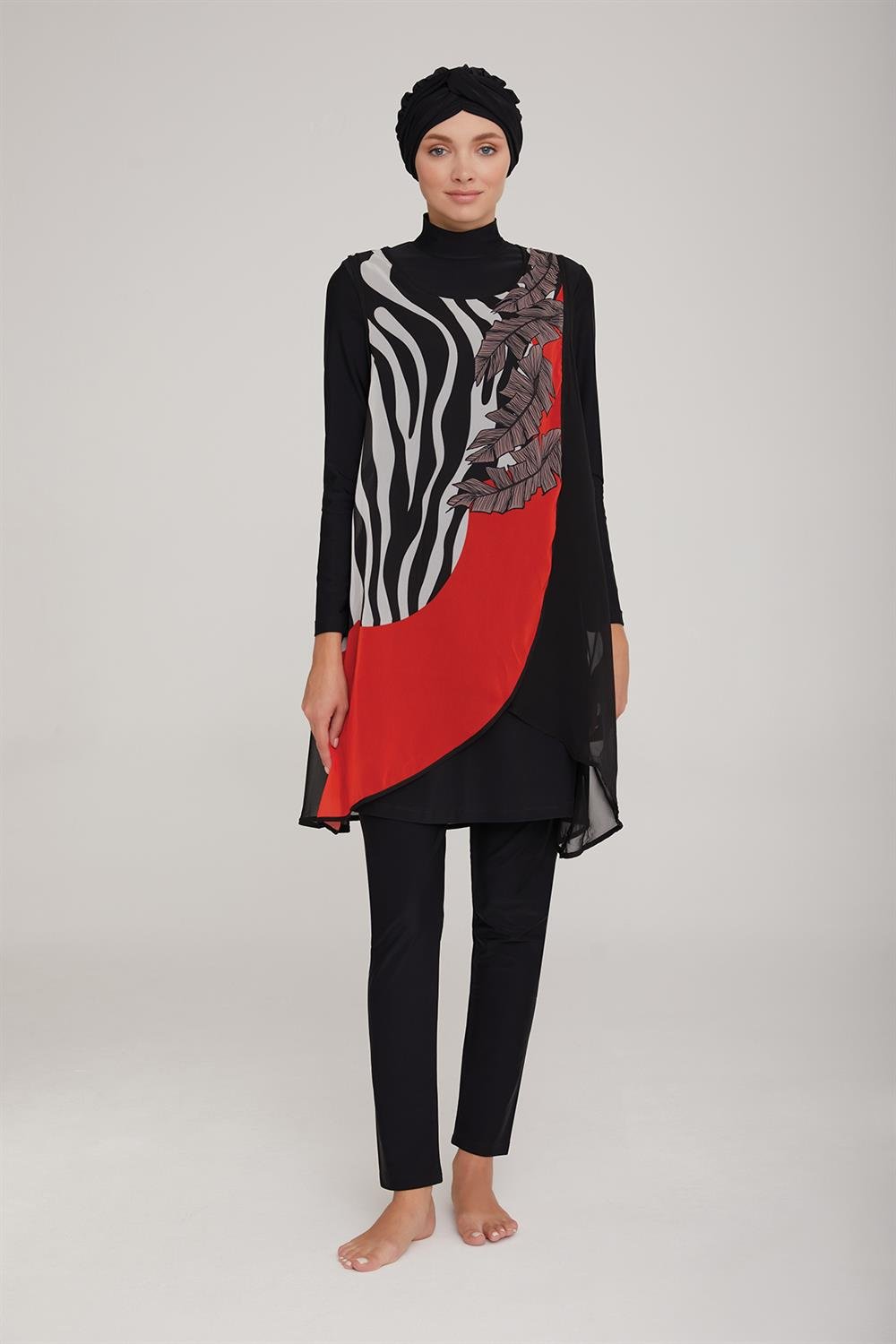 3'lü Pareolu Likralı Tam Kapalı Tesettür Mayo Sanda 4237 Siyah Remsa Mayo