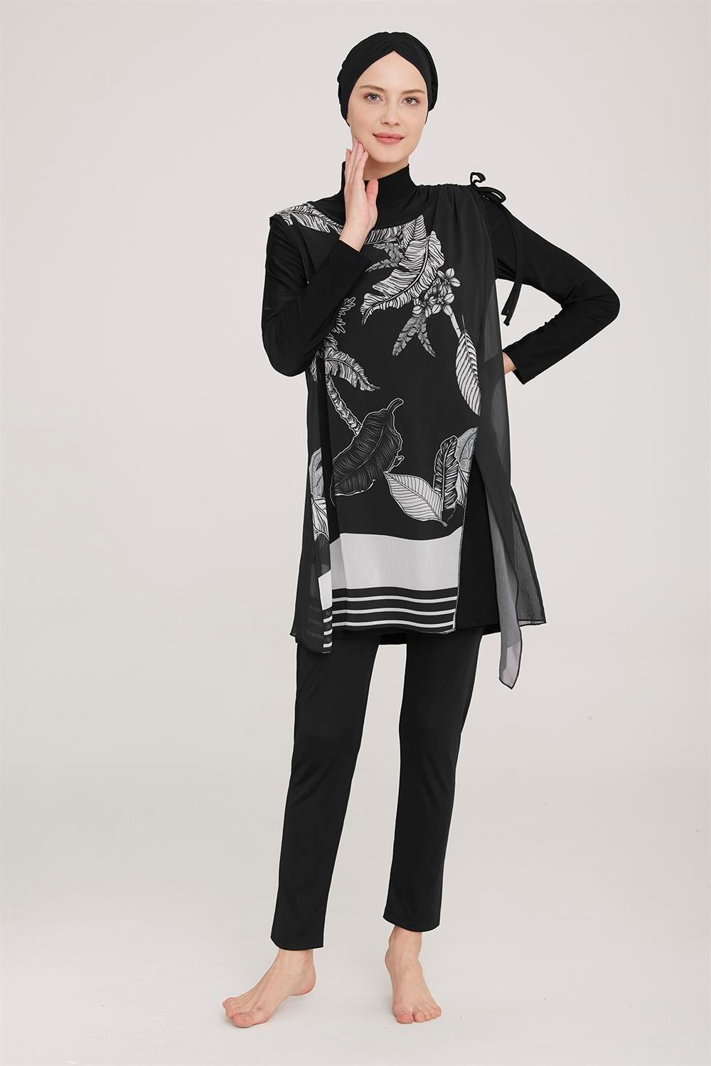 3'lü Pareolu Likralı Tam Kapalı Tesettür Mayo Agna 2 8038 Siyah