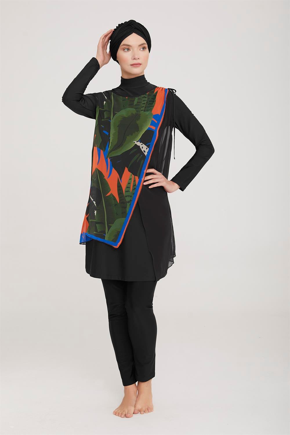 3'lü Pareolu Likralı Tam Kapalı Tesettür Mayo Sanda 6 4471 Siyah Remsa Mayo