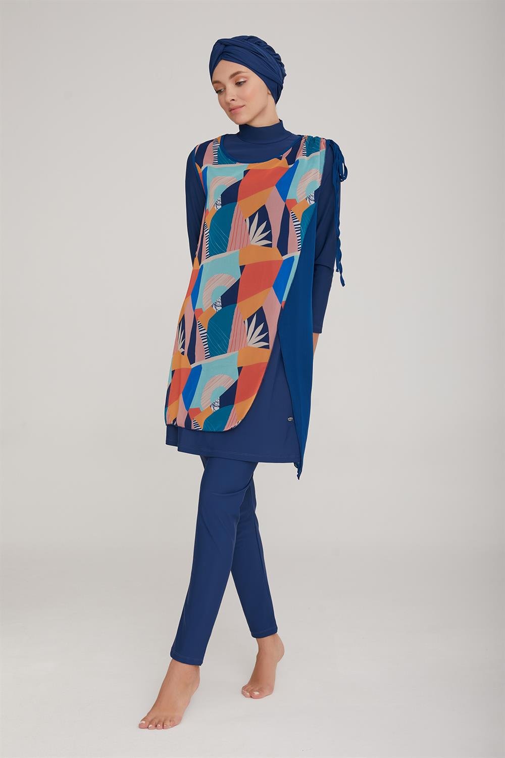 3'lü Pareolu Likralı Tam Kapalı Tesettür Mayo Sanda 2 4360 Açık Lacivert Remsa Mayo