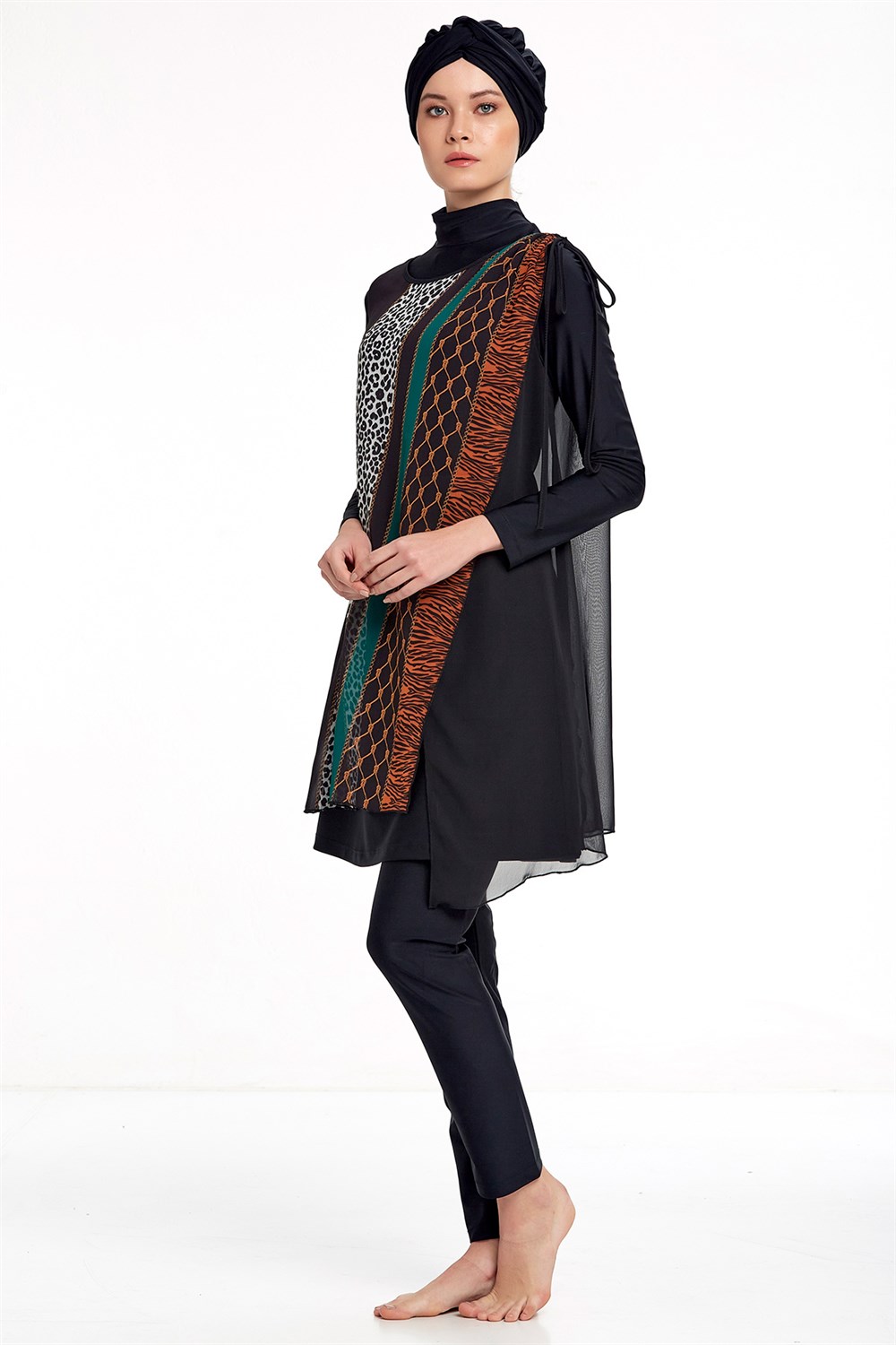 3'lü Pareolu Likralı Tam Kapalı Tesettür Mayo Adasea 4363 Siyah