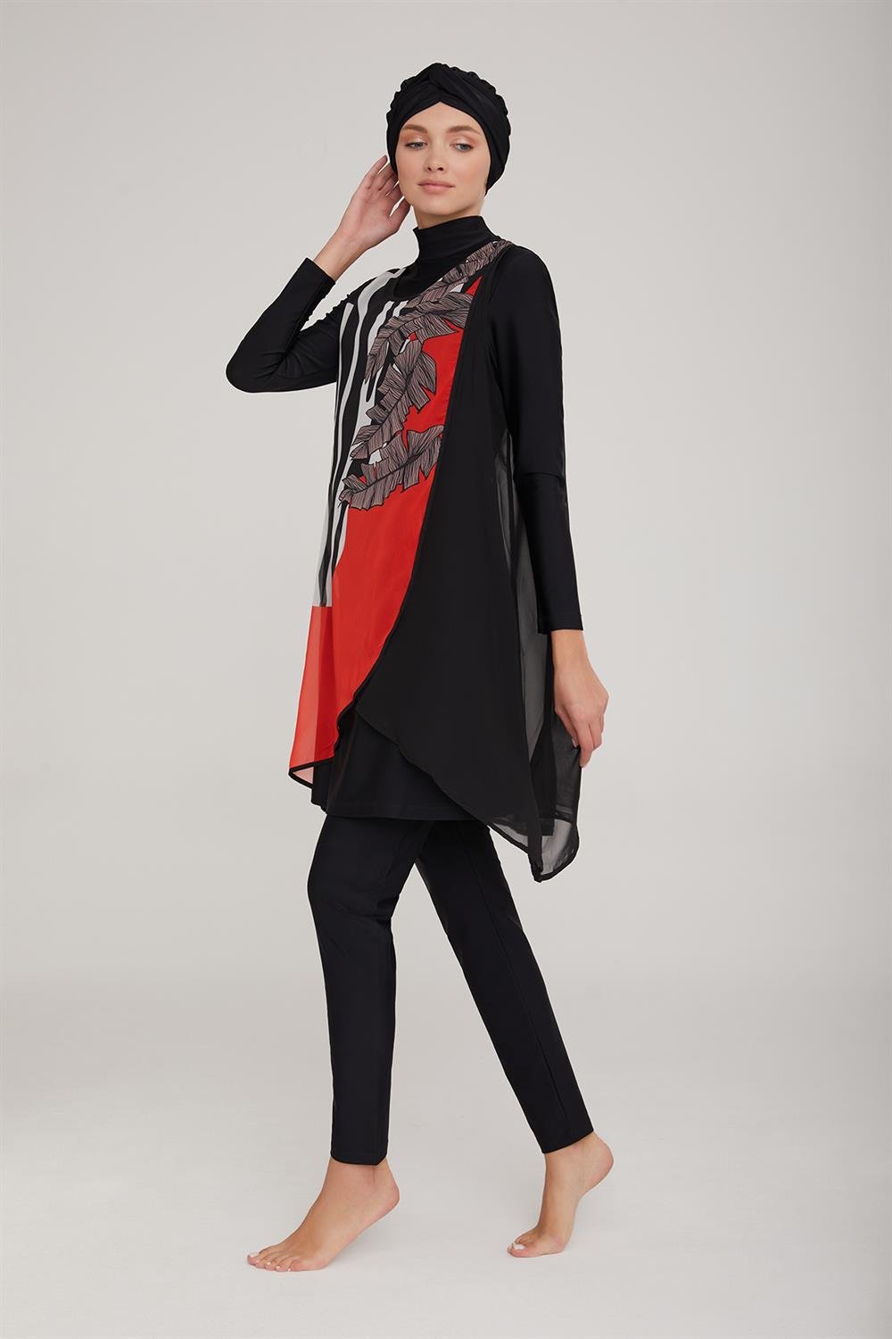 3'lü Pareolu Likralı Tam Kapalı Tesettür Mayo Sanda 4237 Siyah Remsa Mayo