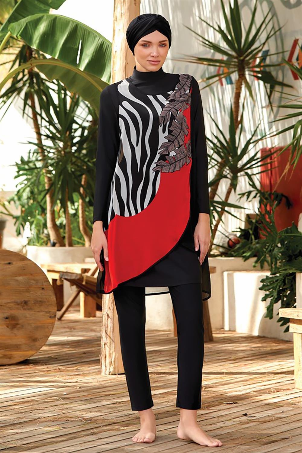 3'lü Pareolu Likralı Tam Kapalı Tesettür Mayo Sanda 4237 Siyah Remsa Mayo