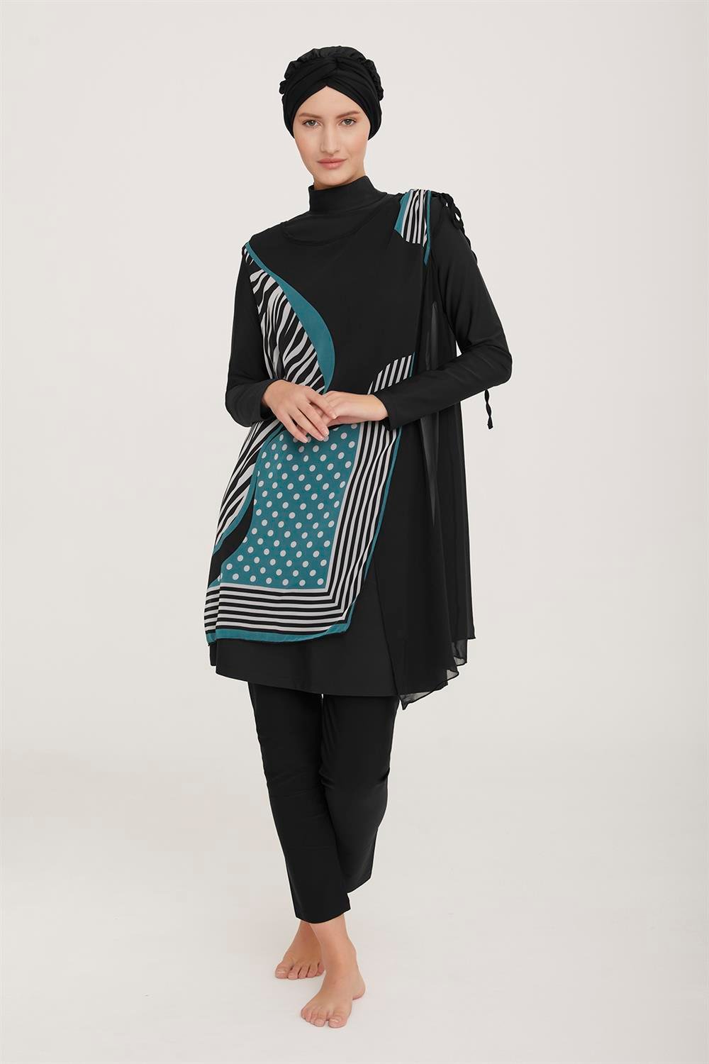 3'lü Pareolu Likralı Tam Kapalı Tesettür Mayo Sanda 5 4365 Siyah Remsa Mayo