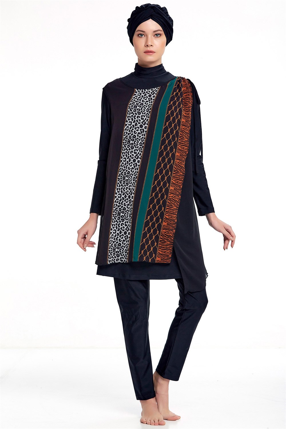3'lü Pareolu Likralı Tam Kapalı Tesettür Mayo Adasea 4363 Siyah