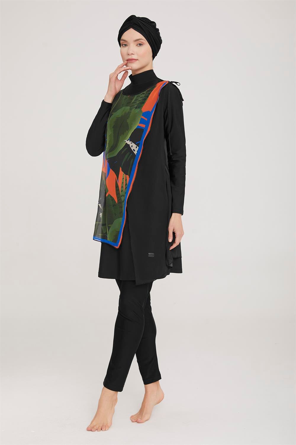 3'lü Pareolu Likralı Tam Kapalı Tesettür Mayo Sanda 6 4471 Siyah Remsa Mayo