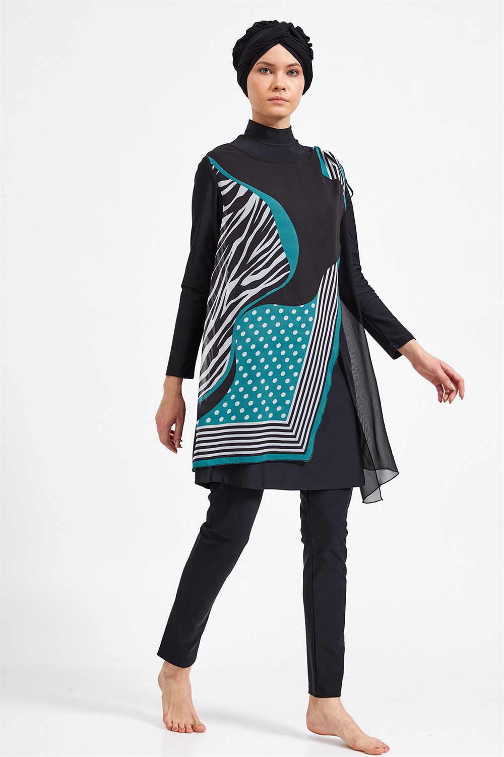 3'lü Pareolu Likralı Tam Kapalı Tesettür Mayo Adasea 4365 Siyah