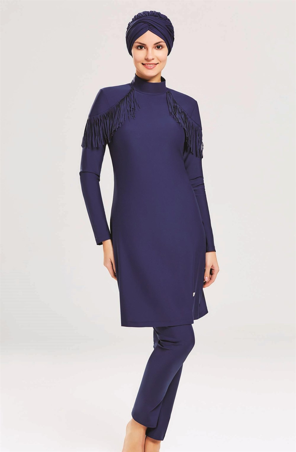 Adasea Tasarım Likralı Tam Kapalı Tesettür Mayo Püskül 4105 Koyu Lacivert