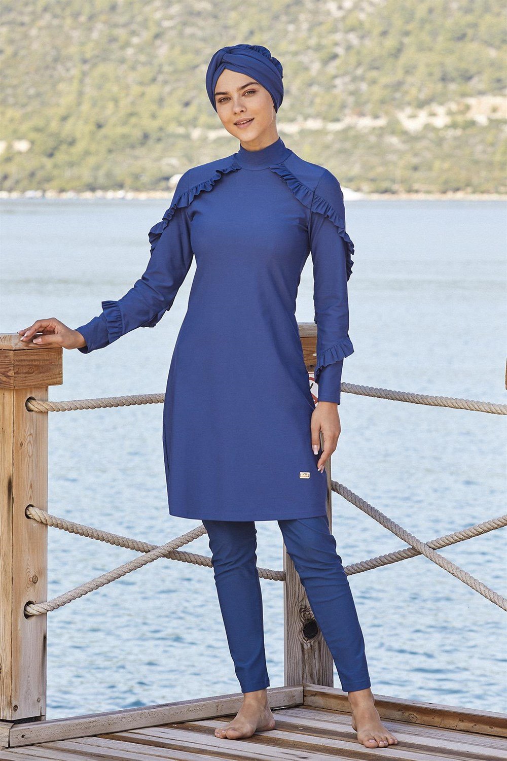 Adasea Tasarım Likralı Tam Kapalı Tesettür Mayo Fırfır 4104 Açık Lacivert