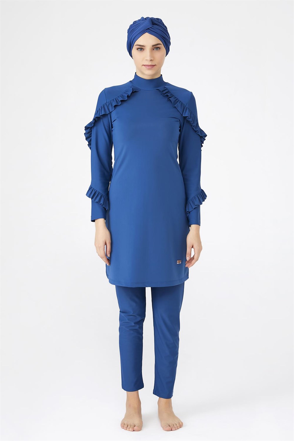Adasea Tasarım Likralı Tam Kapalı Tesettür Mayo Fırfır 4104 Açık Lacivert