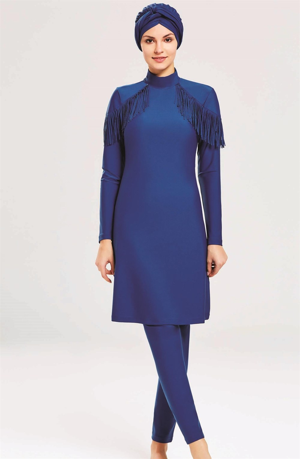 Adasea Tasarım Likralı Tam Kapalı Tesettür Mayo Püskül 4105 Açık Lacivert