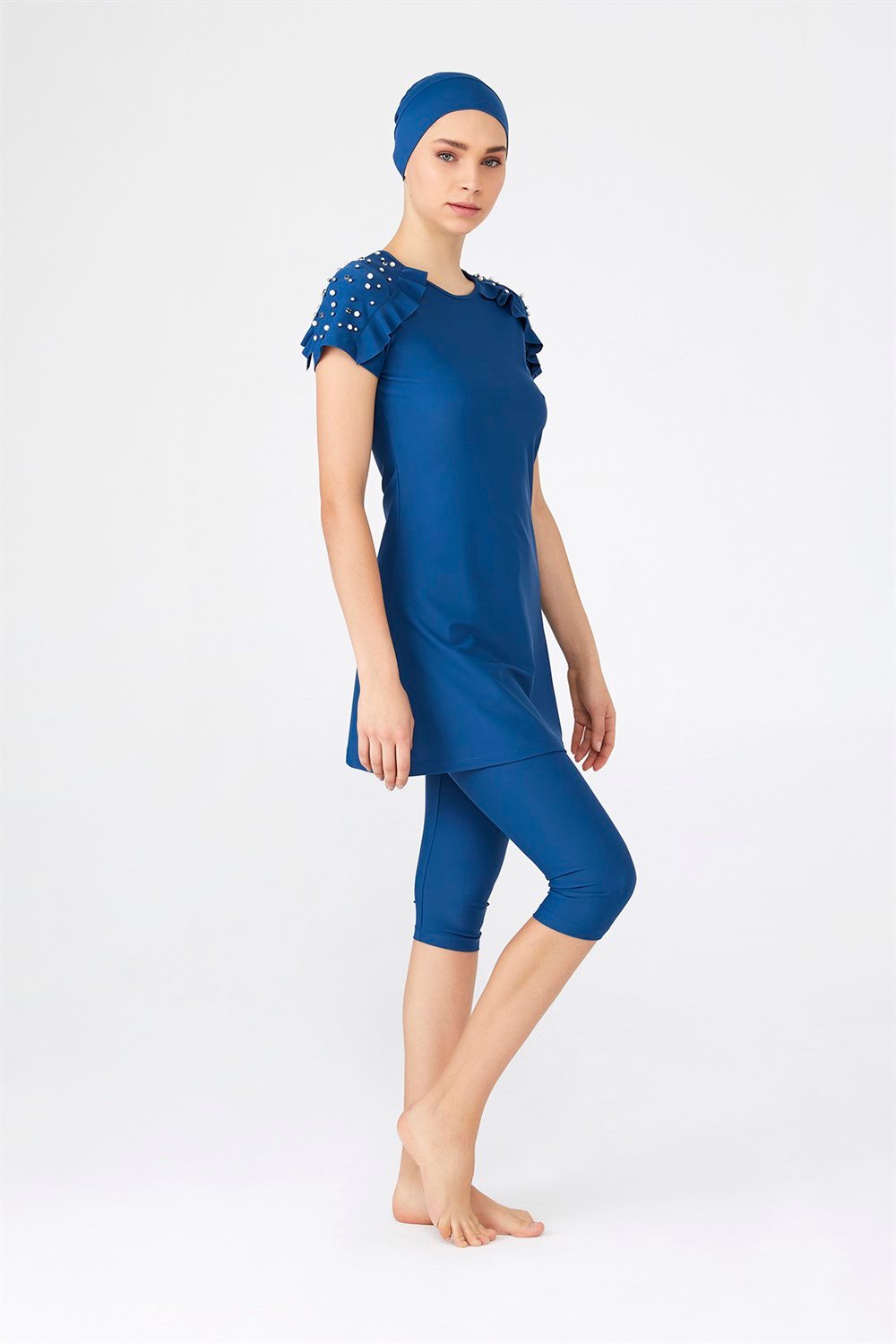 Adasea Yarı Kapalı Tesettür Mayo Kısa Kollu 3301 Açık Lacivert