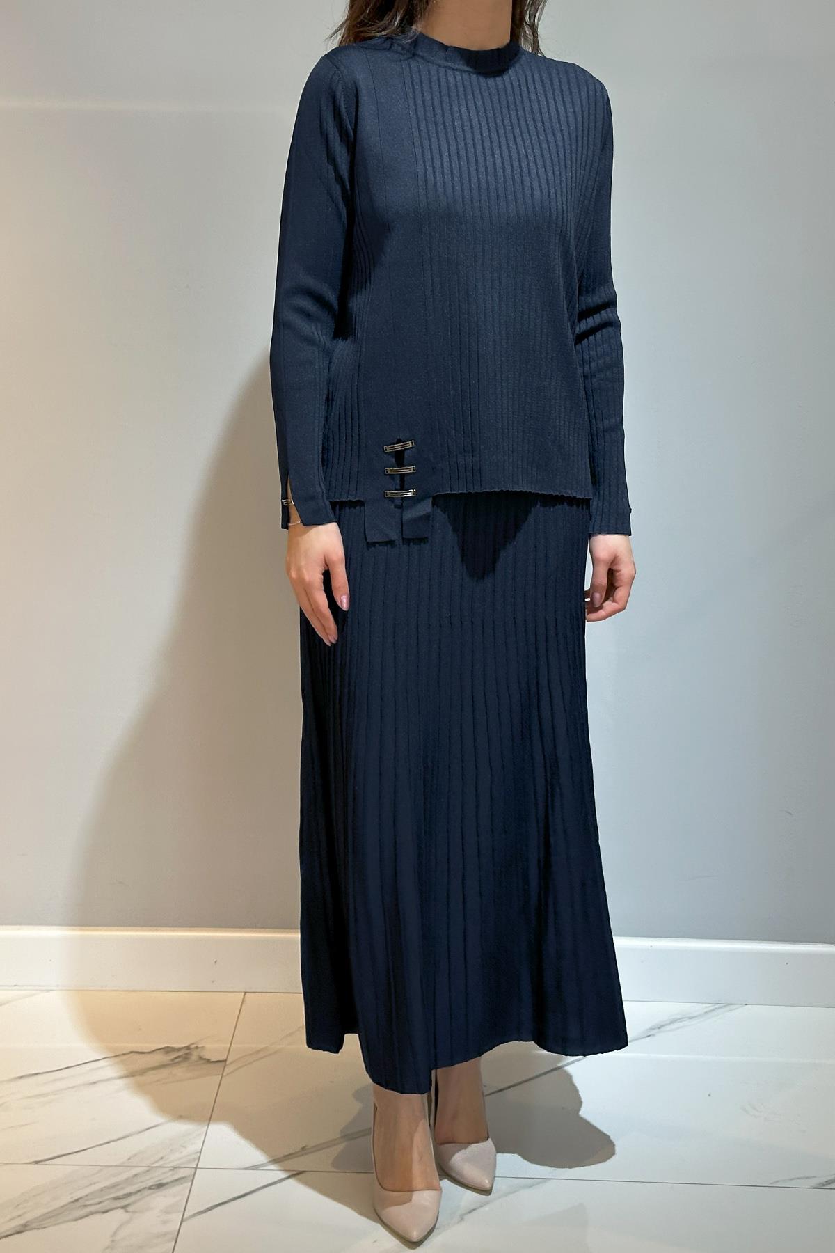 Aksesuar Detaylı Fitilli Triko Etekli Takım 35038 Lacivert