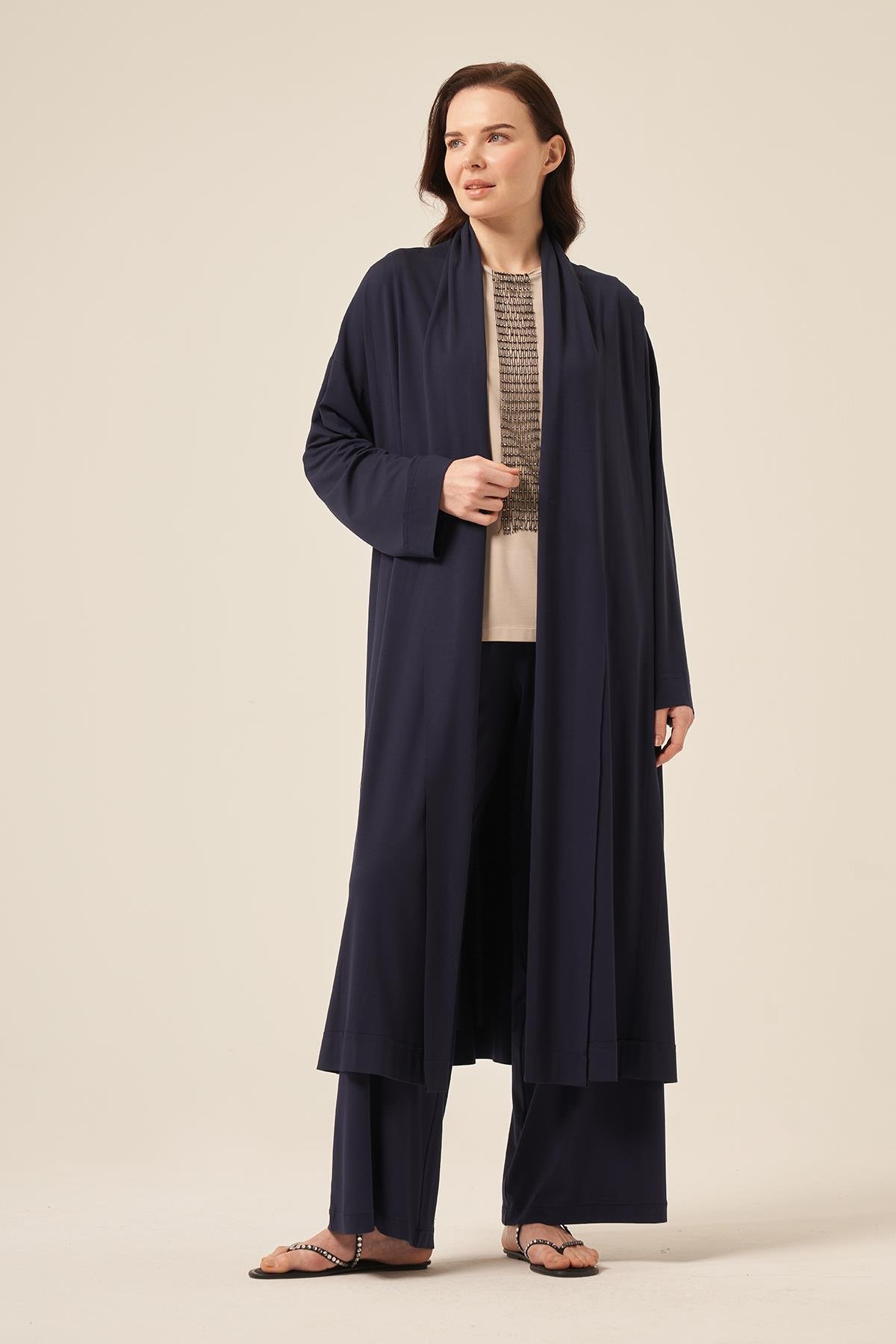 Aller Detaylı Uzun Bambu Kap Ceket 5891 Lacivert