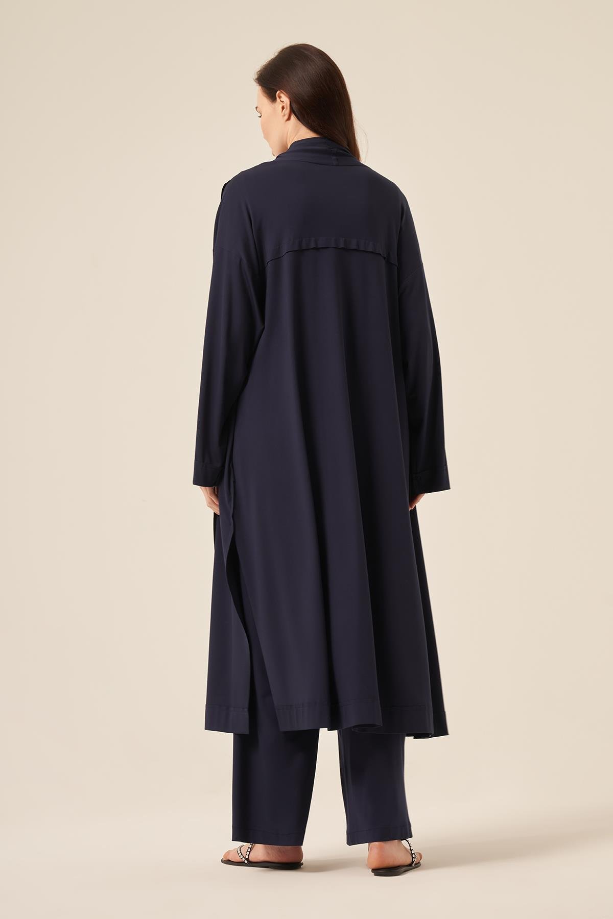 Aller Detaylı Uzun Bambu Kap Ceket 5891 Lacivert