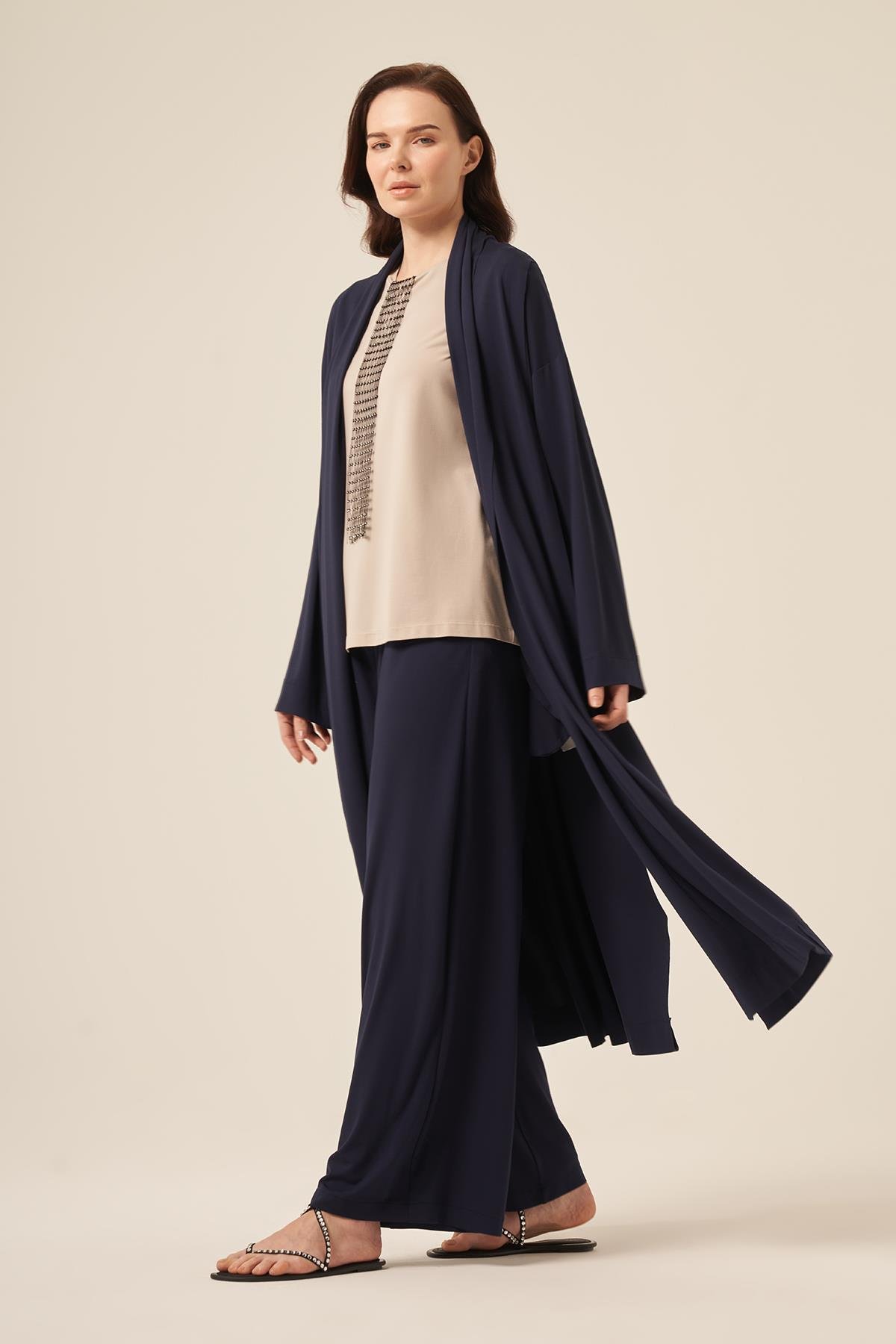 Aller Detaylı Uzun Bambu Kap Ceket 5891 Lacivert