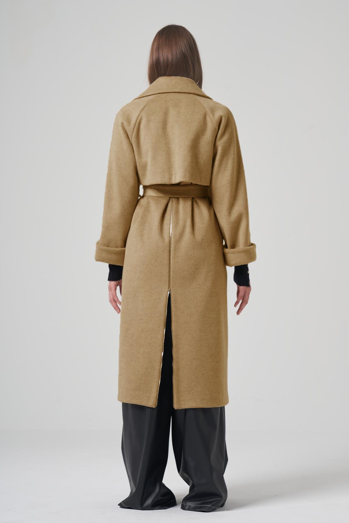 Arkası Fermuar Detaylı Kaşe Kaban 6832 Camel