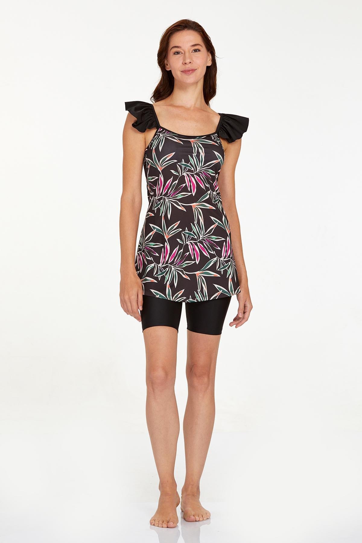 Askılı Şortlu Elbise Mayo Yarı Kapalı Mayo Aura 3929 Siyah 