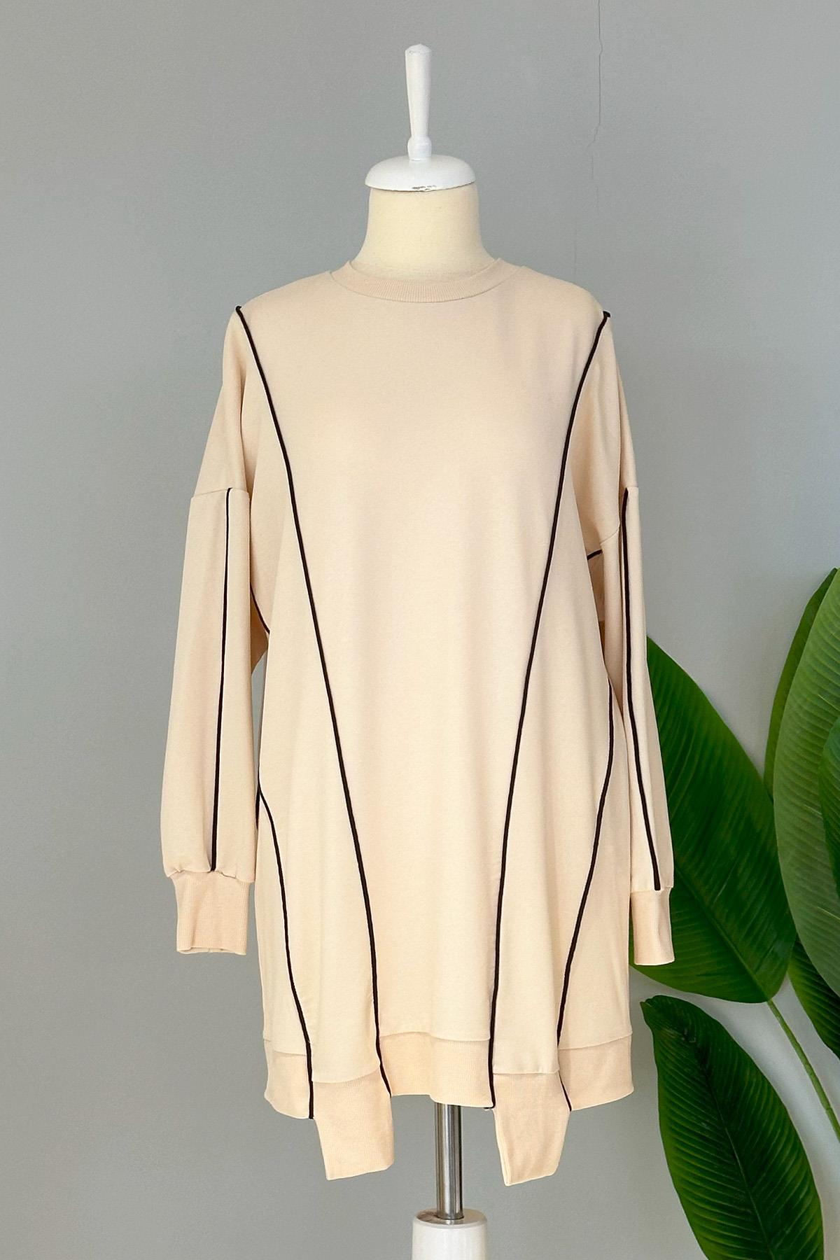 Basic Biye Detaylı Sweat Tunik 10413 Bej