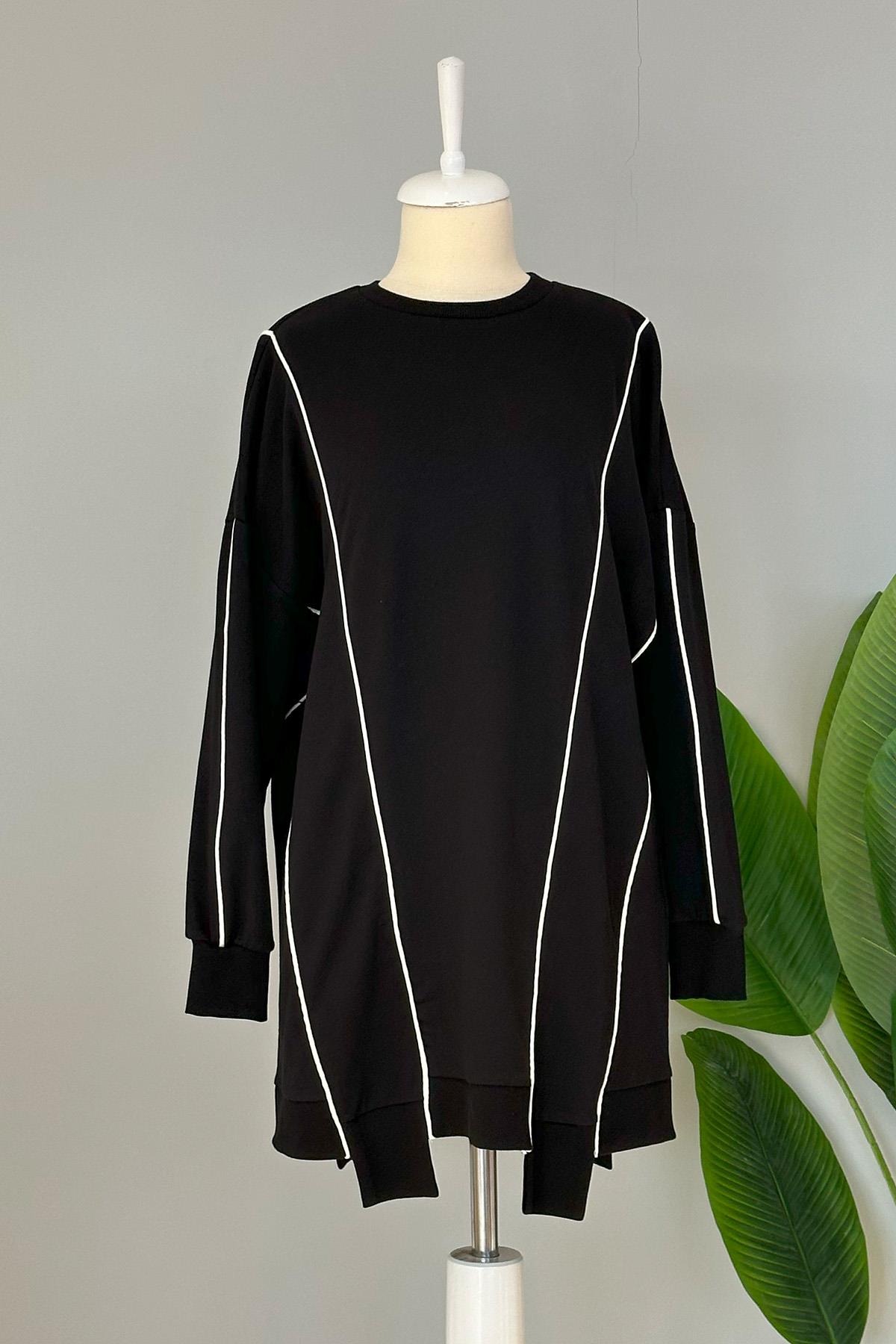 Basic Biye Detaylı Sweat Tunik 10413 Siyah