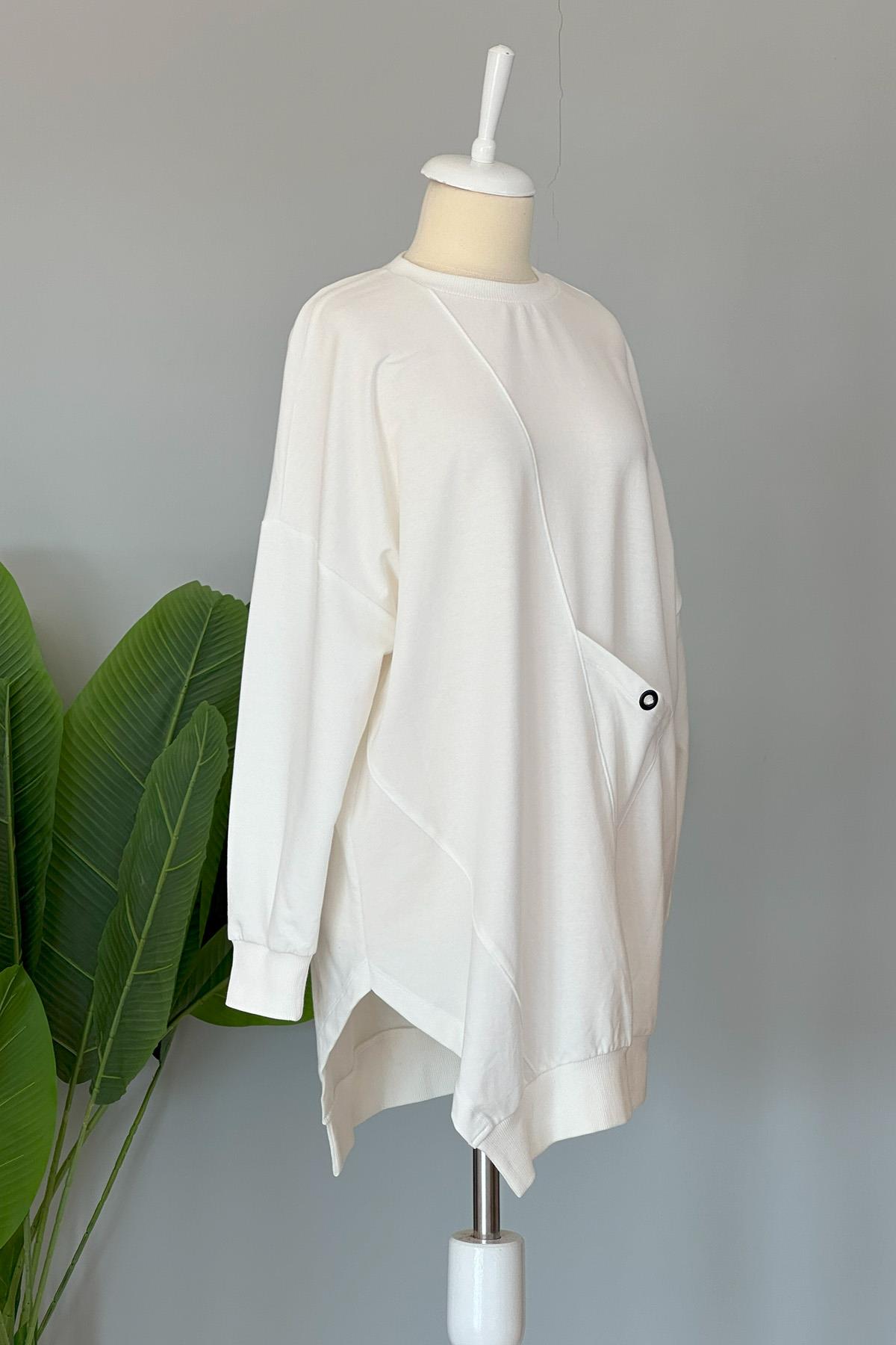 Basic Cep Detaylı Sweat Tunik 10389 Ekru