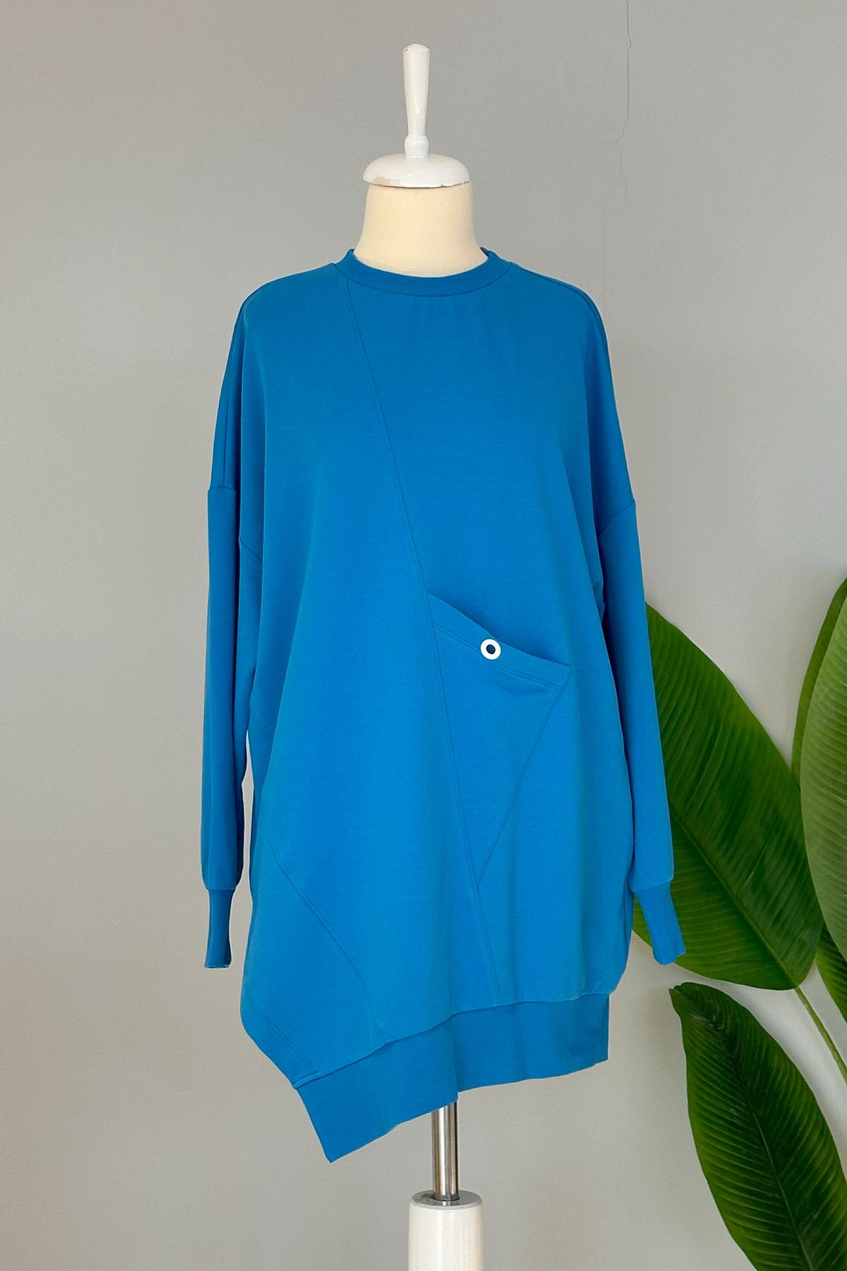 Basic Cep Detaylı Sweat Tunik 10389 Mavi