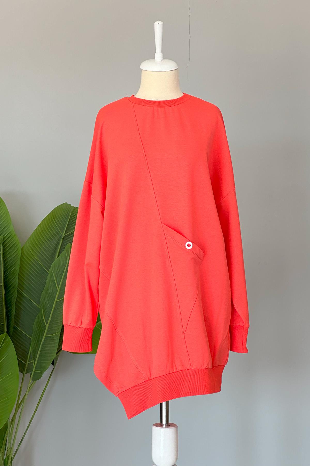 Basic Cep Detaylı Sweat Tunik 10389 Mercan