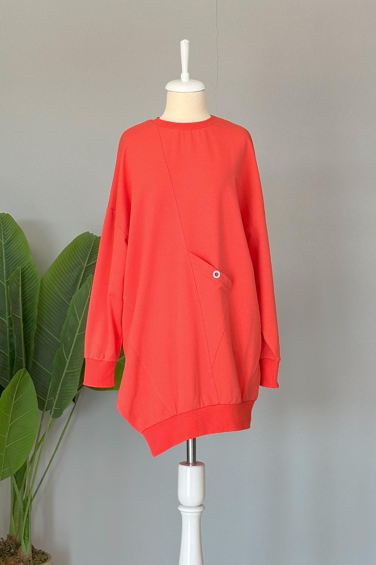 Basic Cep Detaylı Sweat Tunik 10389 Mercan