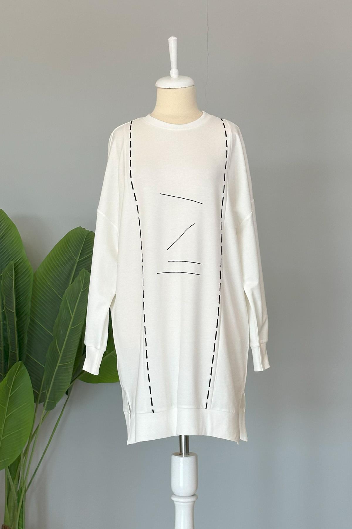 Basic Dikiş Detaylı Sweat Tunik 10425 Ekru